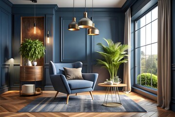 Fototapeta premium Elegant blue living room with modern gold accents and natural greenery