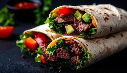 Delicious Beef Burritos with Avocado Red Pepper and Lettuce A perfect meal for lunch or dinner