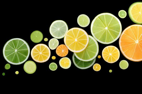 Citrus slices including lime lemon and orange float against a black background