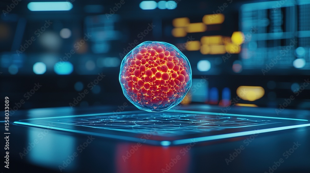 Poster a glowing digital sphere composed of interconnected red nodes hovers above a futuristic holographic 