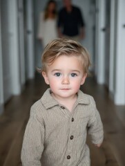 a toddler taking their first step across a honey-oak hardwood floor toward the camera.