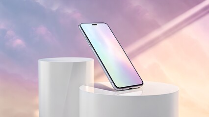 Modern smartphone displayed on white podiums against a soft pastel gradient sky with light flares