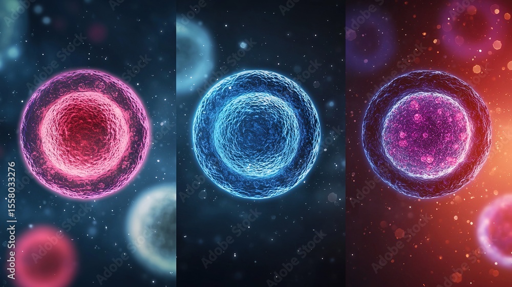 Poster three digitally rendered cells are displayed side-by-side, each with distinct colors and intricate i