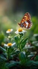 Obraz premium A butterfly resting on a wildflower in a sunlit meadow