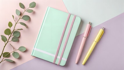 Flat lay of a mint green notebook with pink elastic bands next to a pink and yellow pen with eucalyptus leaves on a pastel background