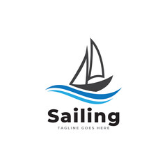 Simple sailboat, dhow boat, ship on ocean waves with Doodle line art style for Sailing Travel Transportation logo design
