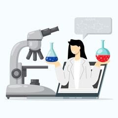 A woman of scientist explaining about his research on experiment from laptop screen. Online education concept.