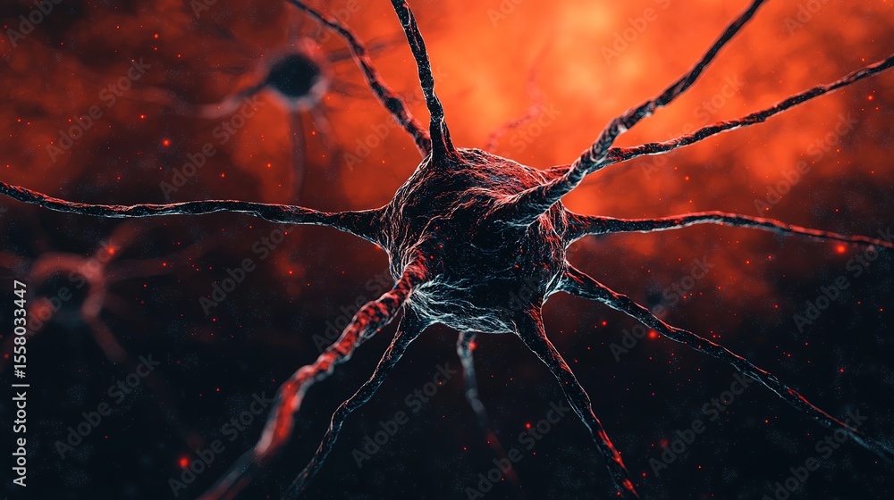 Poster a detailed close-up of a neuron with branching dendrites, glowing in red and black tones, highlighti