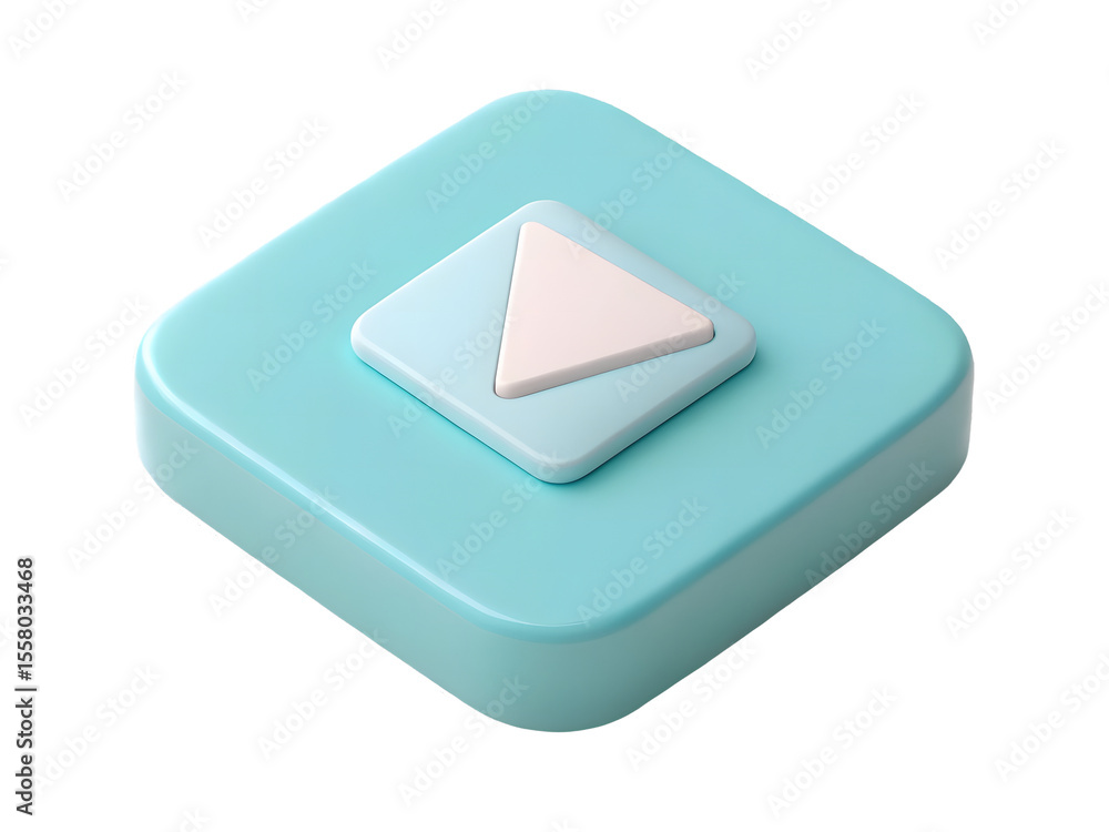 Fototapete 3d rendered geometric play button icon with rounded square base in pastel blue and white isolated on
