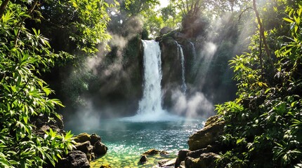 Waterfall in tropical forest with sunlight