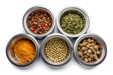 Five stainless steel bowls filled with different types of dry pet food and ingredients