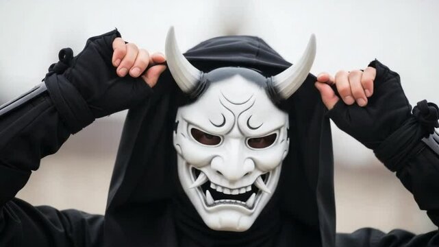 Person in Black Hood Wearing Oni Demon Mask with Menacing Expression