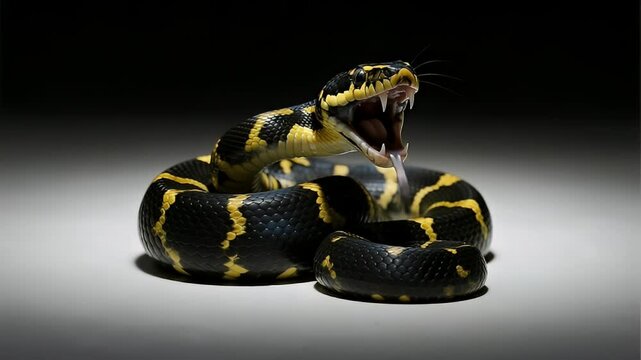 A gold ringed cat snake (Boiga dendrophila) in a defensive posture, its body coiled and head raised, mouth slightly open in a warning display.