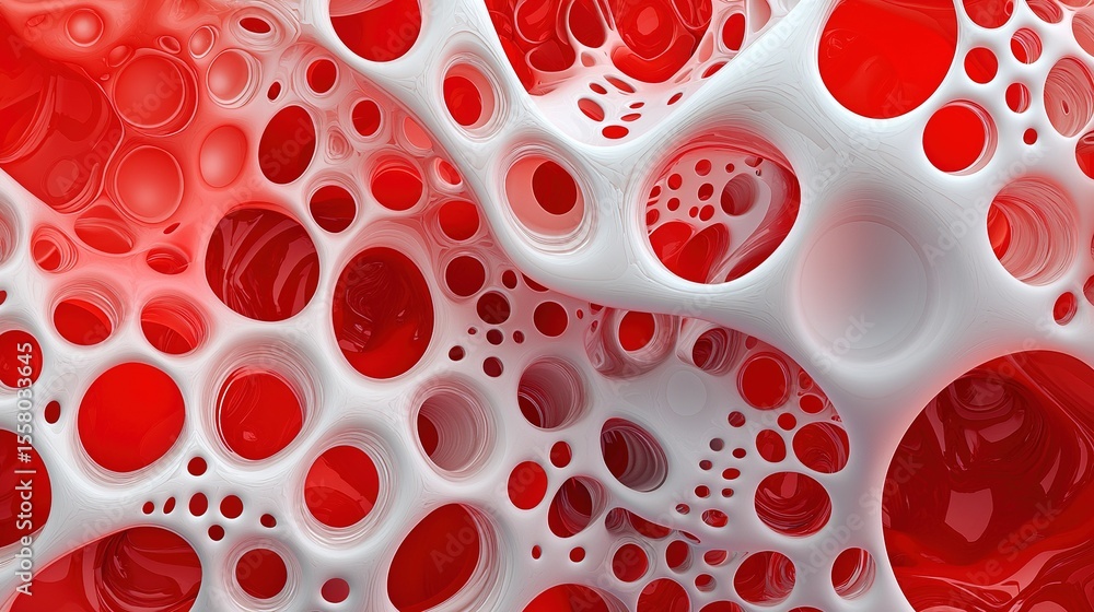 Poster a close-up abstract 3d rendering of interconnected red and white porous structures with varying circ