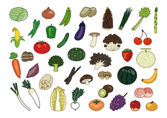 野菜ときのこと果物のイラストセット