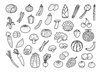 野菜ときのこと果物のイラストセット　白黒