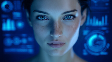 Close up of a woman's face with blue eyes and digital graphics in the background in a blue hue