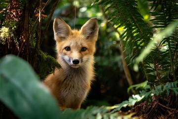 Obraz premium A fox peeking out from behind dense forest