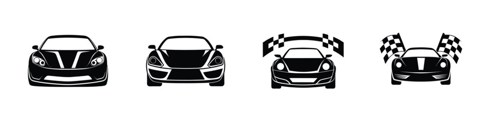 Simple portrayal of a smooth sports car front view racing into distance Silhouette on White Background