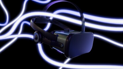A 3d rendering of Virtual Reality or VR headset against a dark background, which is dramatically contrasted by flowing, glowing neon-like light trails.