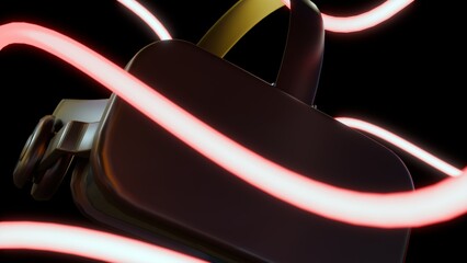A 3d rendering of Virtual Reality or VR headset against a dark background, which is dramatically contrasted by flowing, glowing neon-like light trails.