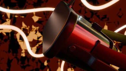 A 3d rendering of Virtual Reality or VR headset against a dark background, which is dramatically contrasted by flowing, glowing neon-like light trails.