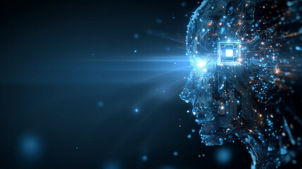 Digital human head with circuit board pattern and glowing eye in a dark blue background space