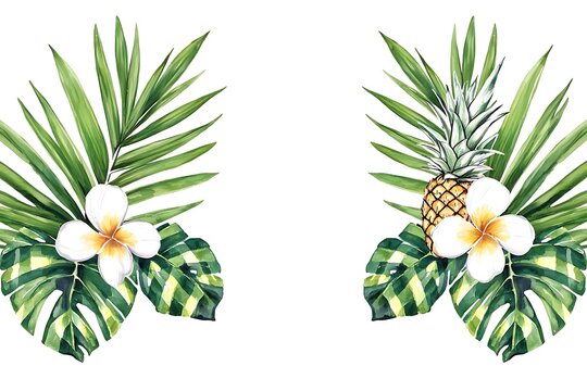 Tropical Paradise with Pineapple and Exotic Flowers Surrounded by Lush Green Leaves