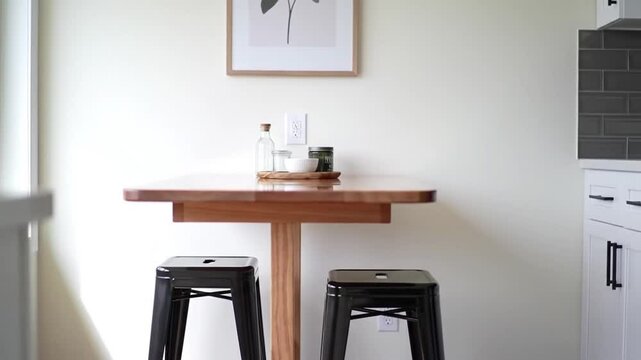 A modern kitchen setup featuring a wooden table and stools alongside sleek white cabinets