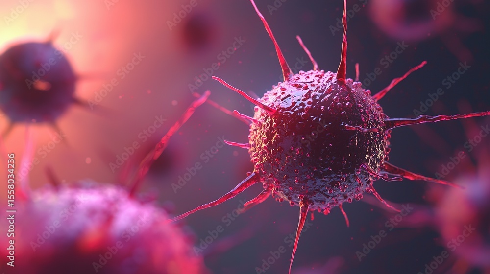 Poster microscopic view of virus particles with spiky surface structures in a glowing environment, represen