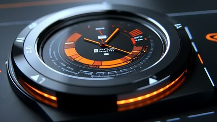 Close-up of a futuristic watch interface displaying time and data with vibrant orange accents - Powered by Adobe