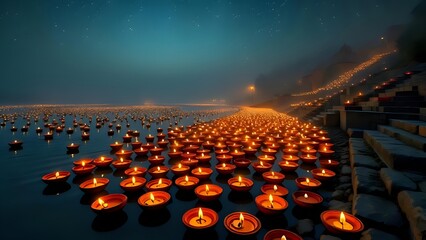 Floating Diyas on a River at Night