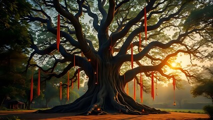 Banyan Tree with Hanging Lamps
