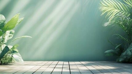 Sunlit wooden floor with lush green plants against a muted green wall