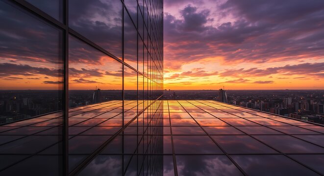 High-rise building's mesmerizing sunset reflections in glass windows, a vibrant cityscape's golden hour silhouette on a modern tower, a visual symphony