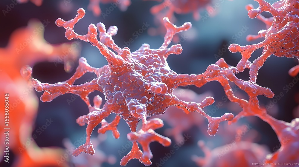 Poster a close-up 3d rendering of a virus particle with spiky protrusions against a blurred background, hig