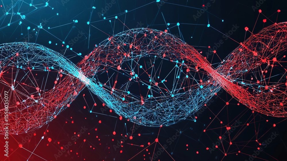 Poster a digital representation of a dna double helix formed by interconnected nodes and lines, symbolizing