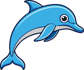 Fototapeta premium Cute blue cartoon dolphin jumping and smiling silhouette isolated on white background