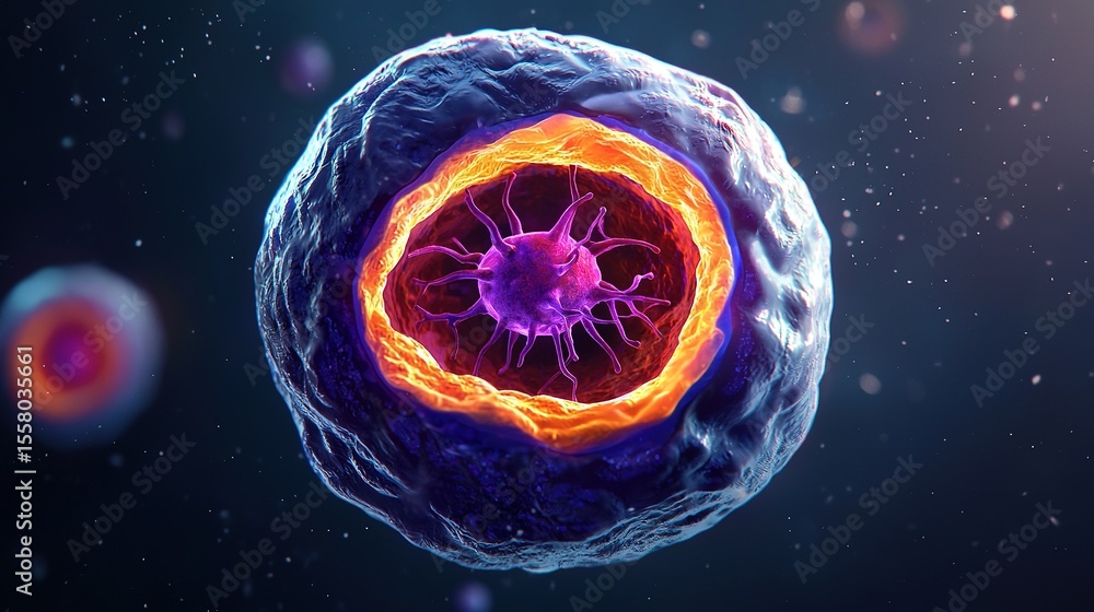 Poster a detailed 3d illustration of a cell with a highlighted nucleus and surrounding membrane structures 
