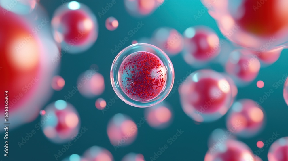 Poster a 3d visualization of red cells or particles suspended in a blue environment, highlighting a single 
