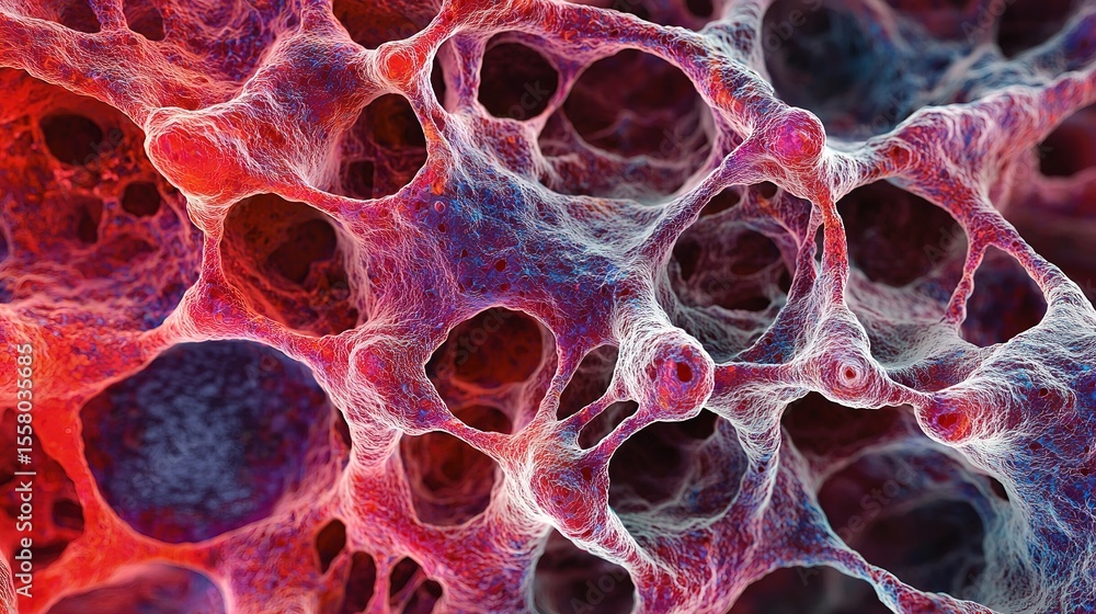 Poster close-up, colorful 3d visualization of a porous, web-like microscopic structure with interconnected 