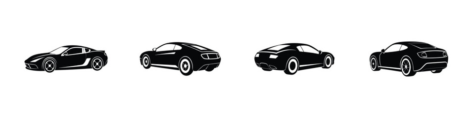 Modern Three-Quarter Rear View of Sleek Sports Car Accelerating Flat Silhouette on White Background