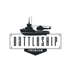 Military warship logo design, war ocean transport with ship icon with heavy weapons with black silhouette as brand template symbol and illustration