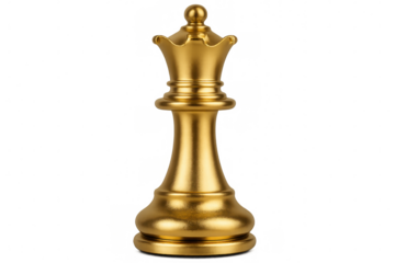 Shiny golden queen chess piece standing on a transparent background, representing strategy, power, and victory