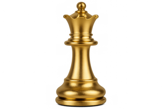 Shiny golden queen chess piece standing on a transparent background, representing strategy, power, and victory