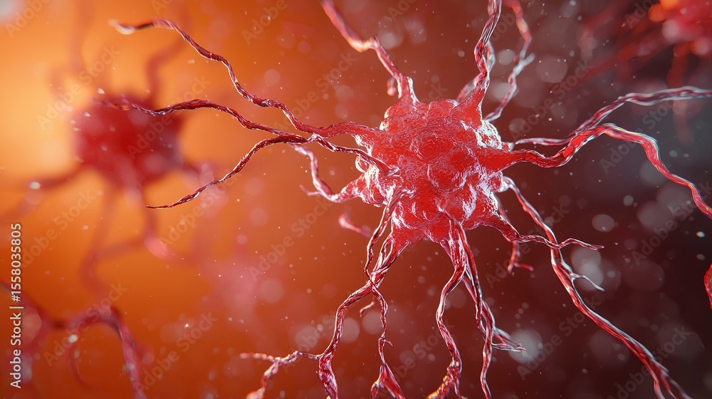 Poster a detailed 3d illustration of red neurons with branching dendrites in a glowing, warm-toned environm