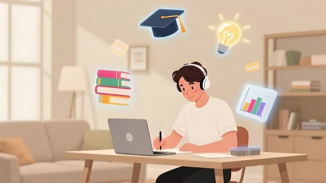 A modern workspace scene showing a person studying online from home. The individual (young adult or student) is sitting at a desk with a laptop, wearing headphones, and taking notes while attending 