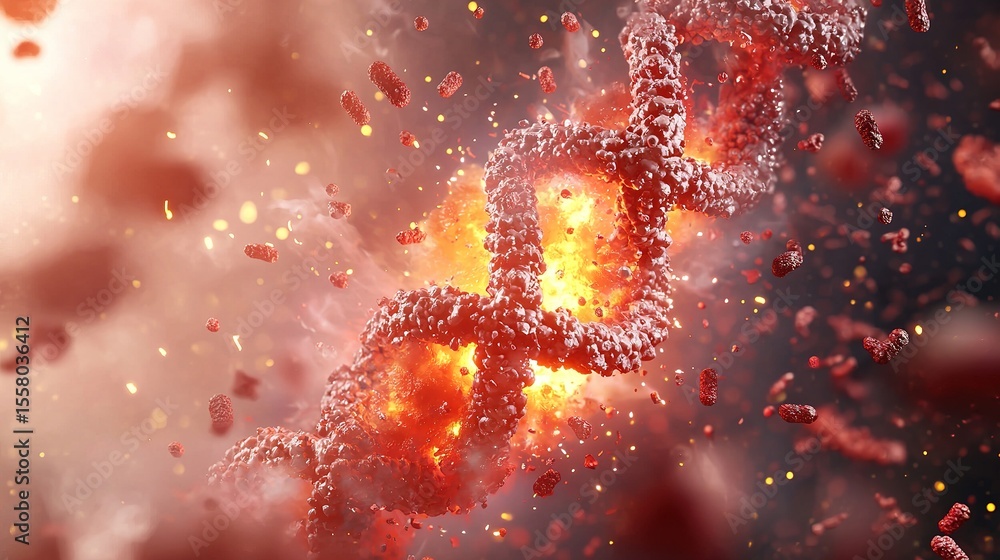 Poster a fiery, glowing dna helix surrounded by floating particles, representing genetic processes or molec