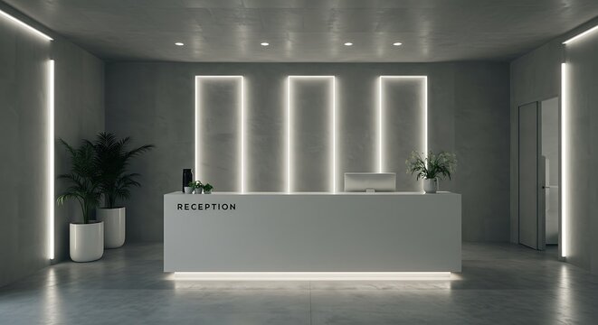 Minimalistic reception area with ambient lighting and clean architectural lines