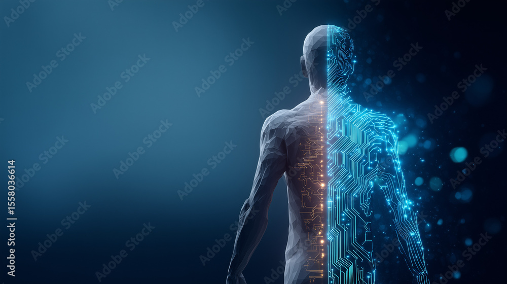 Poster back view of humanoid figure with half circuit board design on a blue gradient background